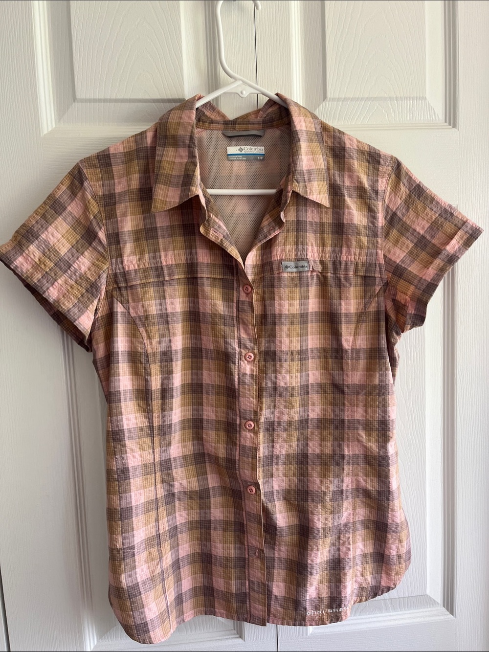 Columbia Pink and Brown Plaid Short-Sleeve Button Shirt
